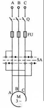旋转开关控制电机正反转电路接线图